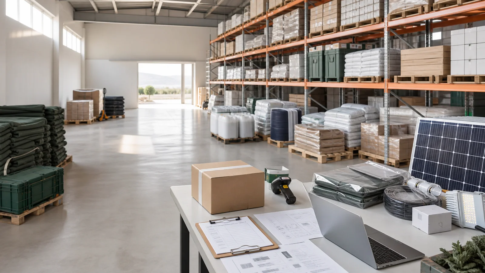 Organized warehouse storage representing procurement and supply